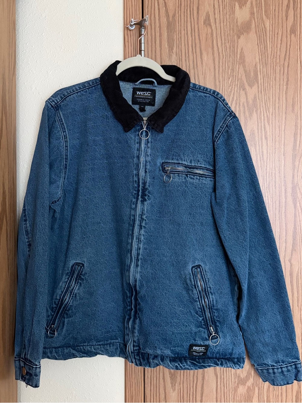 Wesc Blue Denim Bomber Jacket with Black Collar